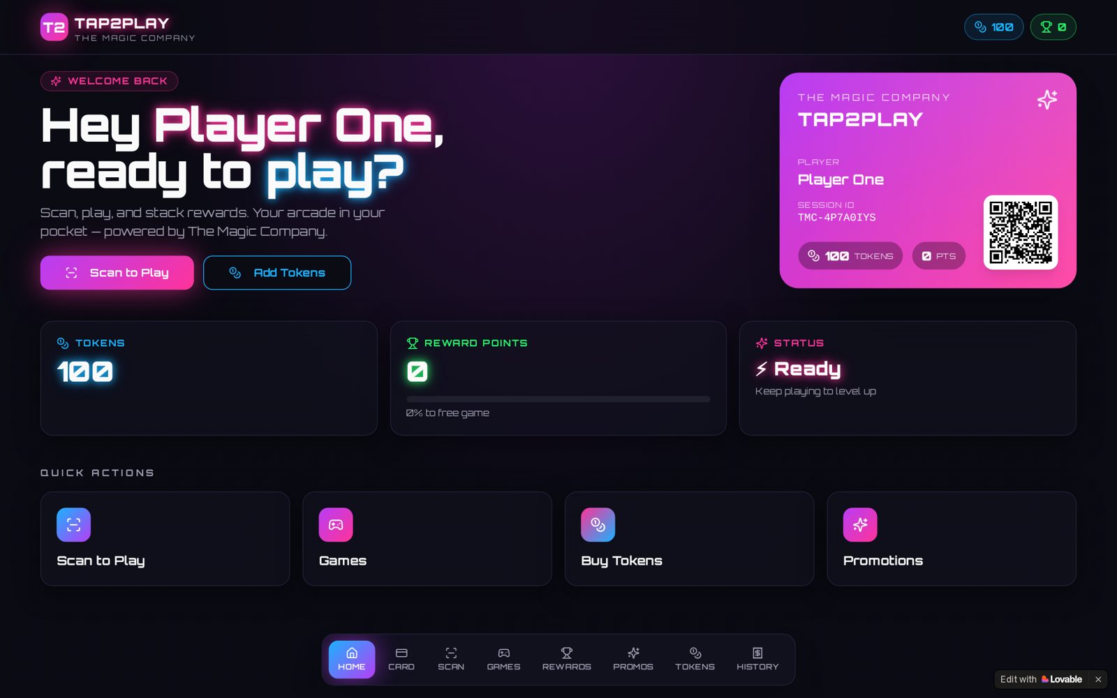 Arcade Play Hub tokens and rewards section